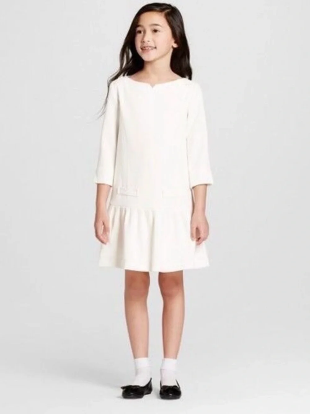 NWT Victoria Beckham Girls XL Cream Drop-Waist Dress Three-Quarter Sleeves
